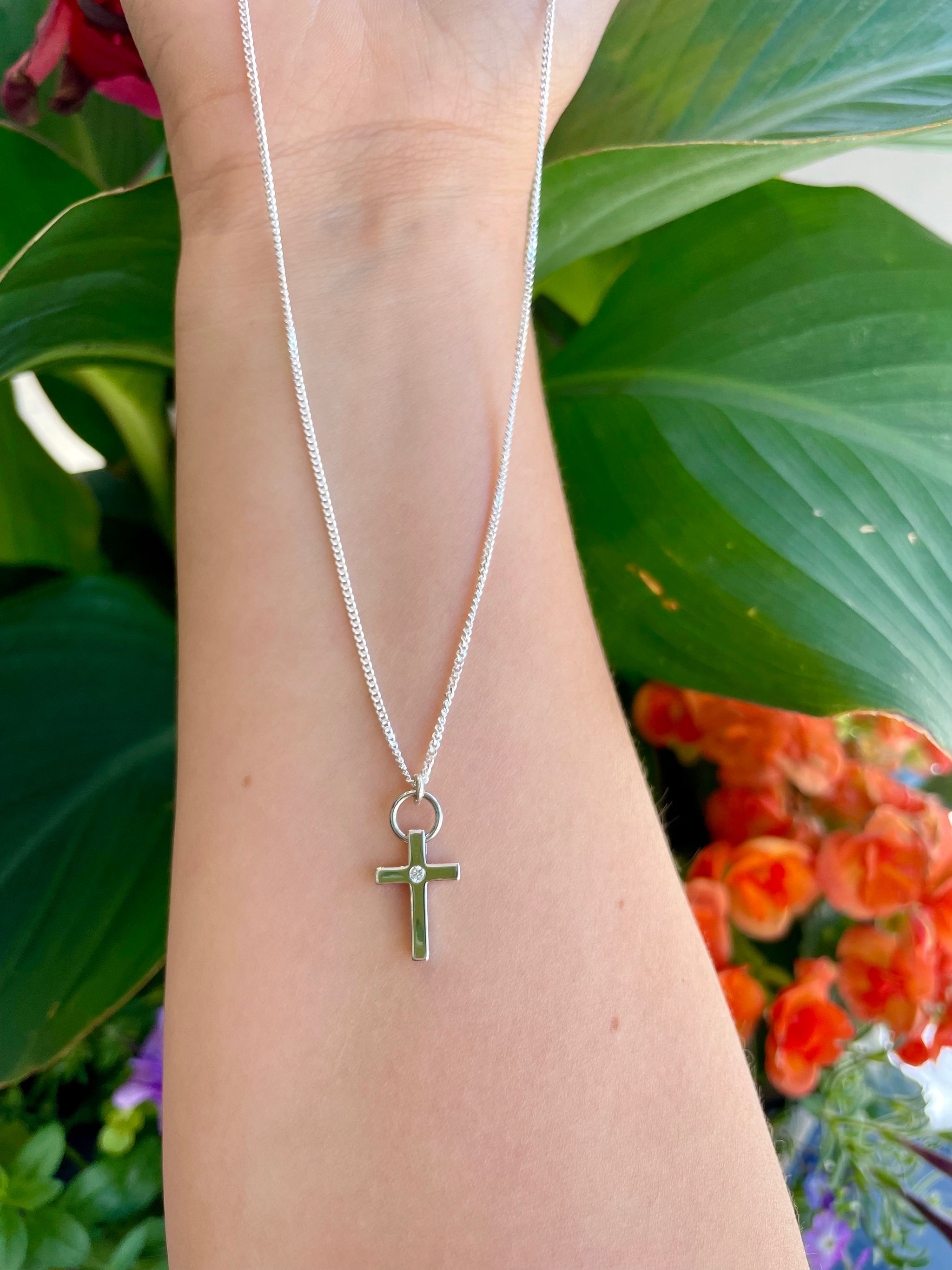 Silver Tiny Cross with Cz 18 Curb Chain